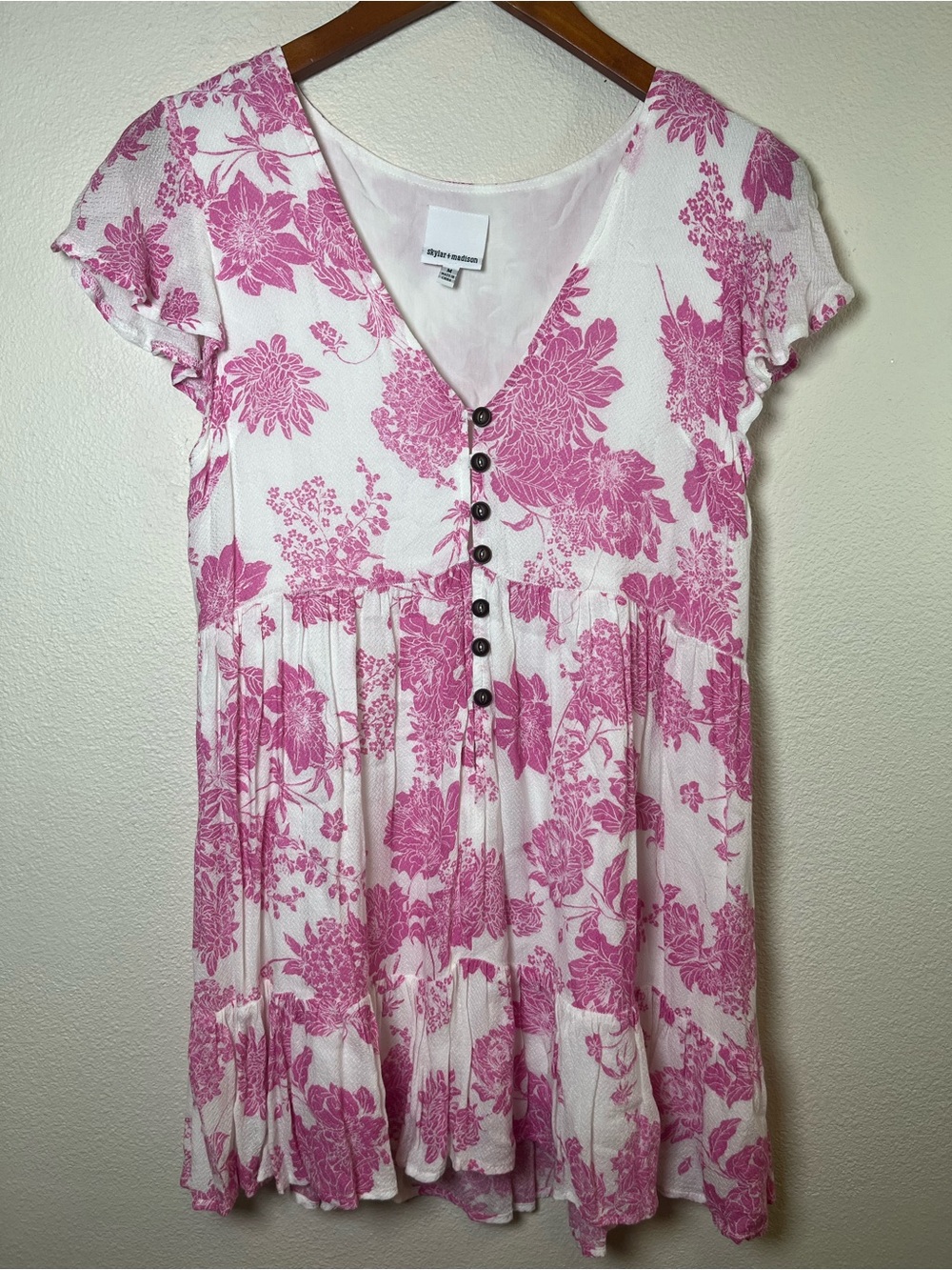 Skylar + Madison Pink Floral Button-Front Tunic/Short Dress from Vici